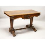 A LATE REGENCY ROSEWOOD RECTANGULAR TOP LIBRARY TABLE, with plain top, carved sides on turned end