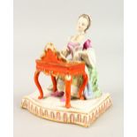A MEISSEN PORCELAIN GROUP, a lady sitting at a spindle, symbolic of SOUND. Cross swords mark in