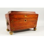 A GOOD REGENCY ROSEWOOD BRASS INLAID TWO-DIVISION TEA CADDY, on brass ball feet, brass handles to