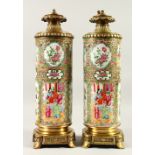 A PAIR OF 19TH CENTURY CHINESE CANTON PORCELAIN HAT STANDS CONVERTED TO LAMPS, with later added