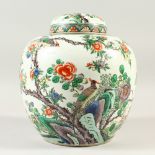 A GOOD 19TH CENTURY CHINESE FAMILLE VERTE PORCELAIN JAR & COVER, decorated with scenes of birds