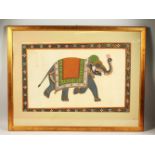 A LARGE PAIR OF FRAMED AND GLAZED INDIAN ELEPHANT PICTURES. Image 48cms x 74cms.