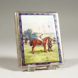A GOOD CONTINENTAL SILVER CIGARETTE CASE, with enamel lid, horse and jockey. 10cms x 7.5cms.