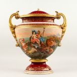 A LARGE 19TH CENTURY VIENNA URN SHAPED TWO-HANDLED VASE AND COVER "JUNO UND AEOLUS". Inscribed.