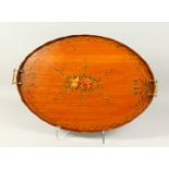 A SHERATON REVIVAL EDWARDIAN SATINWOOD INLAID AND PAINTED OVAL TWO-HANDLED TEA TRAY.