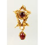 AN 18CT GOLD, CABOCHON AND PEARL BROOCH.