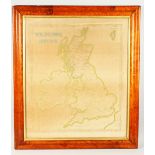 A LARGE EMBROIDERED MAP OF BRITAIN. 77cms x 65cms, in a maple wood frame.