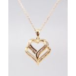 A 9CT GOLD DIAMOND SET DOUBLE HEART PENDANT AND CHAIN.