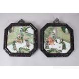 A GOOD PAIR OF LATE 18TH-EARLY 19TH CENTURY CHINESE OCTAGONAL PORCELAIN PANELS, interior with