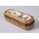 A 19TH CENTURY FRENCH LONG PORCELAIN BOX AND COVER. 9cms long.