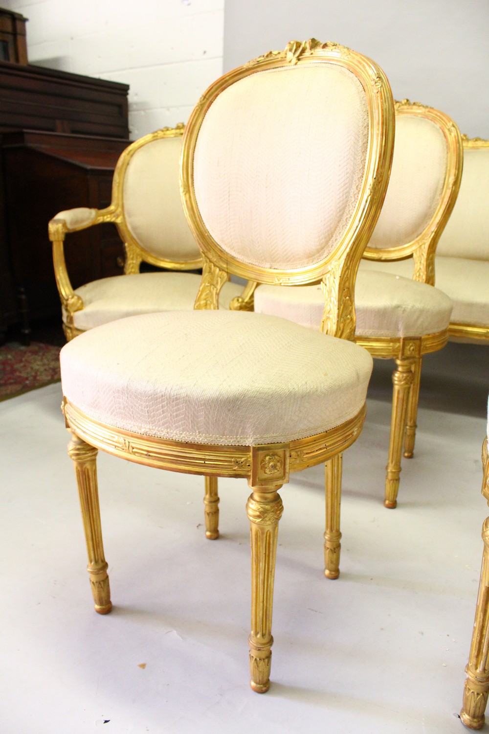 A GOOD LOUIS XVI STYLE GILTWOOD CANAPE, PAIR OF FAUTEUIL and four single chairs with padded backs, - Image 2 of 13