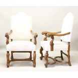 A GOOD PAIR OF 17TH CENTURY STYLE OAK ARMCHAIRS, with padded back and seats, with cross frame