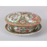 A GOOD CANTON CHINESE OVAL BOX, COVER AND STAND, painted with panels of figures and birds. 14cms