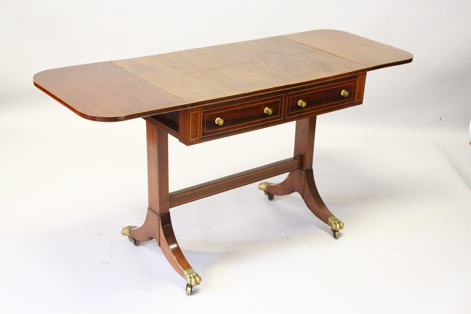A GEORGIAN STYLE MAHOGANY INLAID SOFA TABLE, with folding flap, two small drawers, on end supports - Image 10 of 11