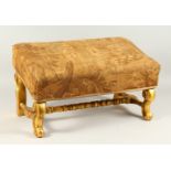 A 19TH CENTURY FRENCH GILTWOOD STOOL with tapestry top.