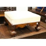 A GOOD WALNUT FRAMED SQUARE SHAPED FOOTSTOOL, with carved decoration.