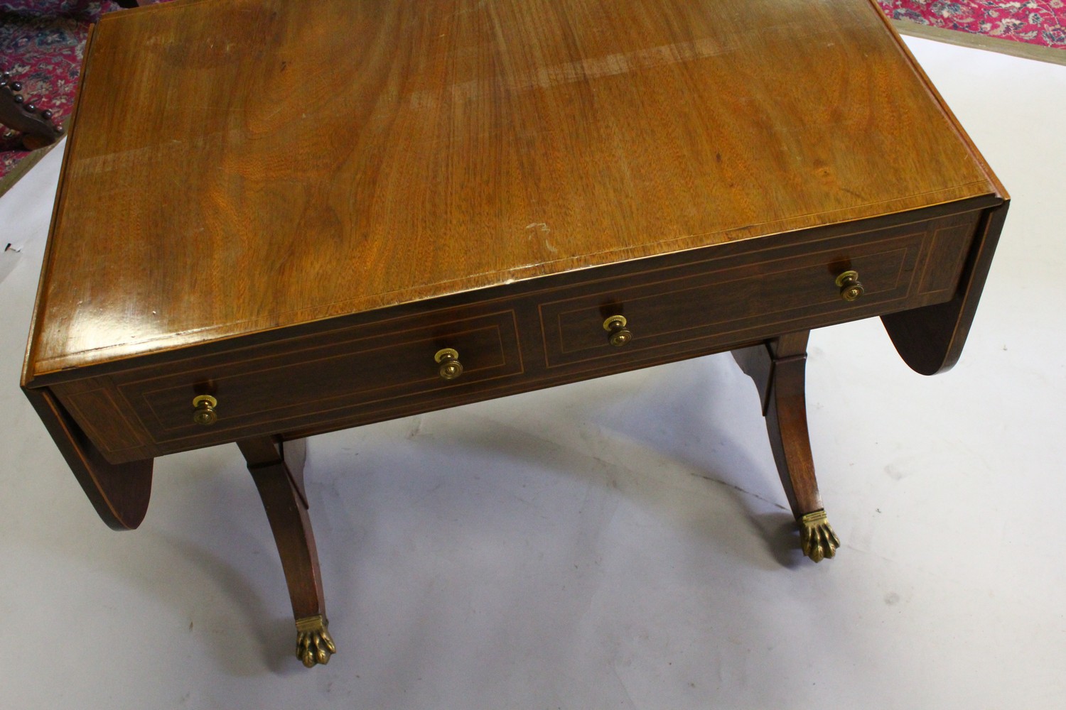 A GEORGIAN STYLE MAHOGANY INLAID SOFA TABLE, with folding flap, two small drawers, on end supports - Image 5 of 11