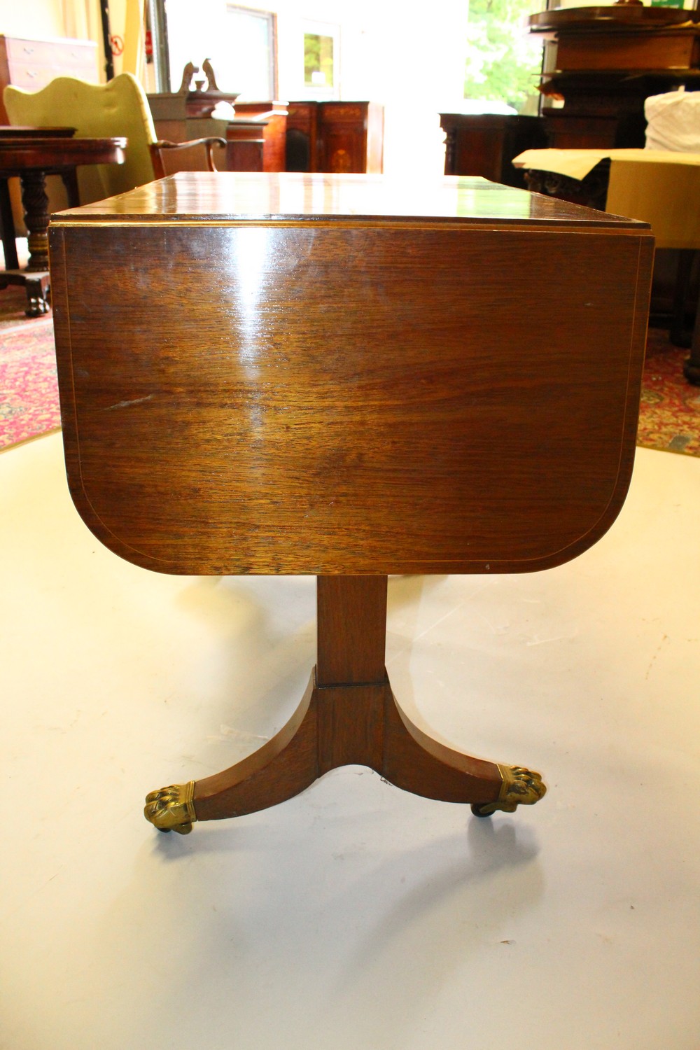 A GEORGIAN STYLE MAHOGANY INLAID SOFA TABLE, with folding flap, two small drawers, on end supports - Image 4 of 11