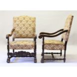 A GOOD PAIR OF LOUIS XVTH STYLE WALNUT ARMCHAIRS with needlework back and seats, the arms carved