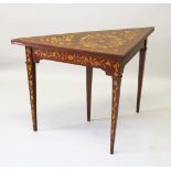 A 19TH CENTURY DUTCH MAHOGANY AND MARQUETRY TRIANGULAR SHAPED CARD TABLE, with velvet cover, on