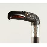 A VICTORIAN WALKING STICK, with carved birds head initialled RN, with engraved silver band. 83cms