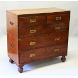 A 19TH CENTURY MAHOGANY TWO TIER MILITARY CHEST, with two short and three long drawers with inset