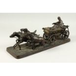 A GOOD RUSSIAN BRONZE GROUP OF THREE HORSES PULLING A CART, a young couple seated inside. 46cms