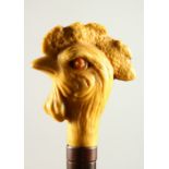 A VICTORIAN PARASOL, the handle as a carved cockerel's head. 107cms long.