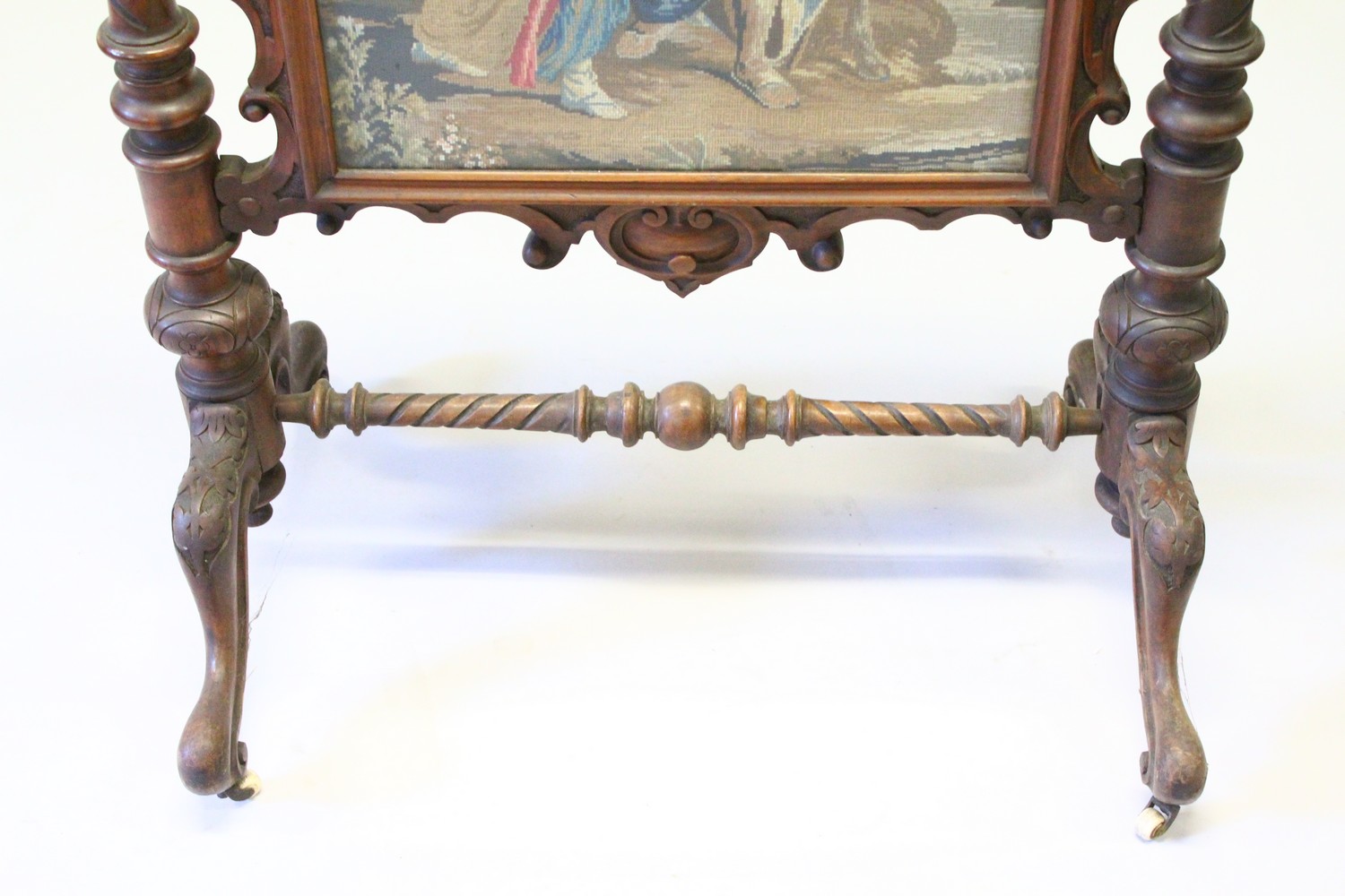 A VICTORIAN MAHOGANY FIRE SCREEN with Berlin tapestry, on curving legs. 116cms high x 74cms wide. - Image 4 of 7