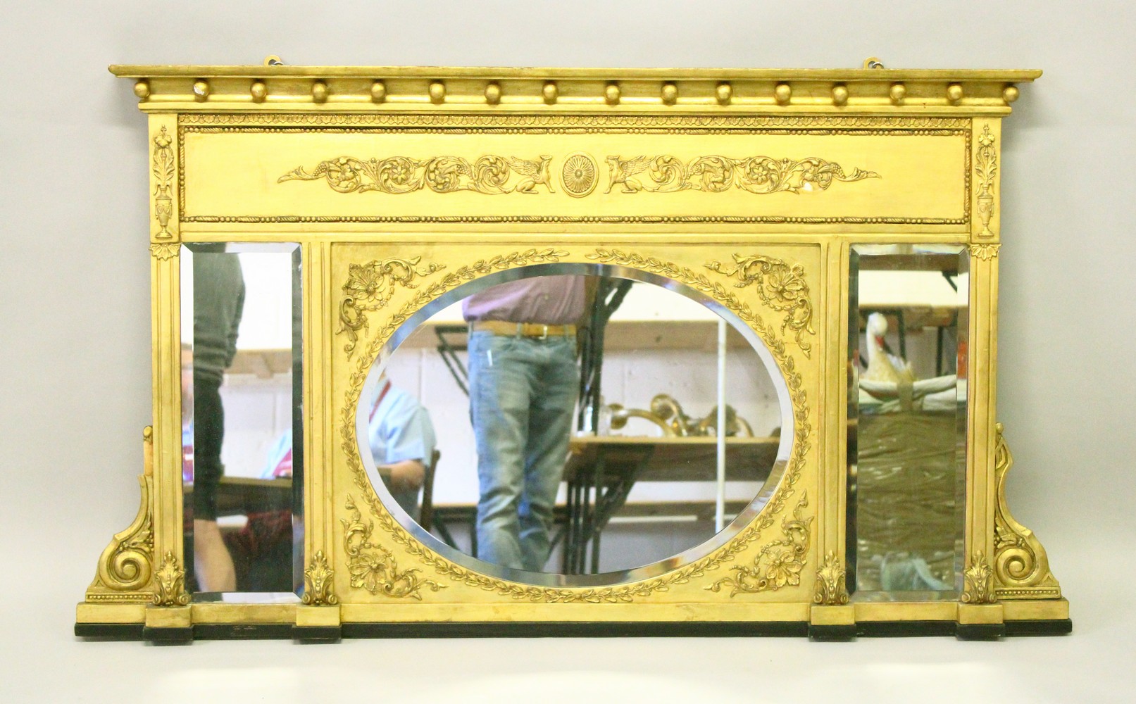 A VERY GOOD GILTWOOD OVERMANTLE MIRROR with oval mirrored panels and rectangular mirror in an ornate - Image 2 of 6