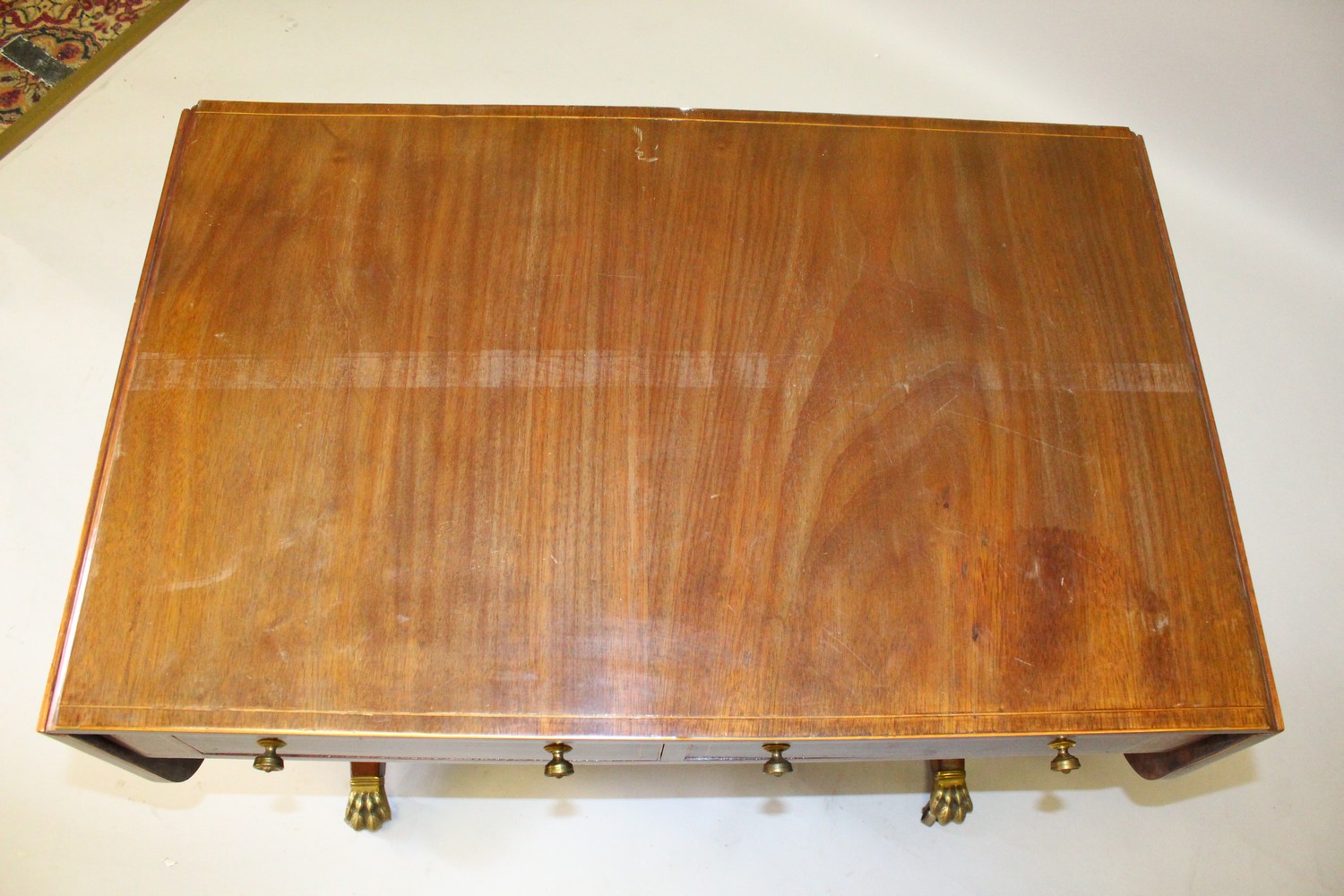 A GEORGIAN STYLE MAHOGANY INLAID SOFA TABLE, with folding flap, two small drawers, on end supports - Image 2 of 11