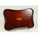 AN EDWARDIAN MAHOGANY SHELL INLAID TEA TRAY with brass handles. 53cms wide.