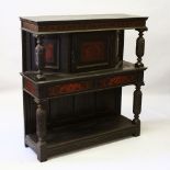 A GOOD 17TH CENTURY STYLE OAK COURT CUPBOARD, the top with an inlaid panel door, long drawer