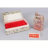 A CHINESE RECTANGULAR SOAPSTONE SEAL, in a fitted box, the seal 7.8cm high & 4cm wide.