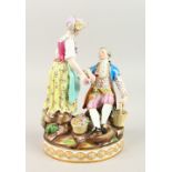 A 19TH CENTURY MEISSEN GROUP OF A GALLANT AND LADY, the young man seated holding a basket, the young