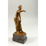 GEORGES MORIN (1874-1950) GERMAN A GOOD GILDED BRONZE FIGURE OF A YOUNG LADY with a frog on her arm.