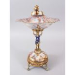 A SUPERB 19TH CENTURY VIENNA ENAMEL COMPORT, with a figure holding aloft a shaped dish, on a