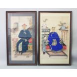 TWO LARGE 19TH CENTURY CHINESE FRAMED PAINTED SCROLL PICTURES, one depicting a lady in uniform