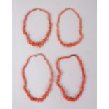 FOUR VARIOUS CORAL NECKLACES, approx. 83gms.
