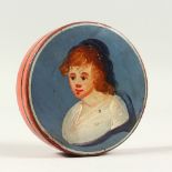 A NAIVE FOLK ART PAINTED CIRCULAR SNUFF BOX. 8cms diameter.