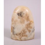 A GOOD 19TH CENTURY CHINESE SOAPSTONE SEAL, with natural metal inclusions within the soapstone,