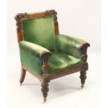 A GOOD WILLIAM IV MAHOGANY ARMCHAIR, with carved show wood frame, leather back, arm and seat on