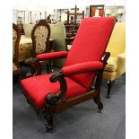 A GOOD 19TH CENTURY MAHOGANY OPEN ARMCHAIR, with well carved sea scroll arm supports on carved