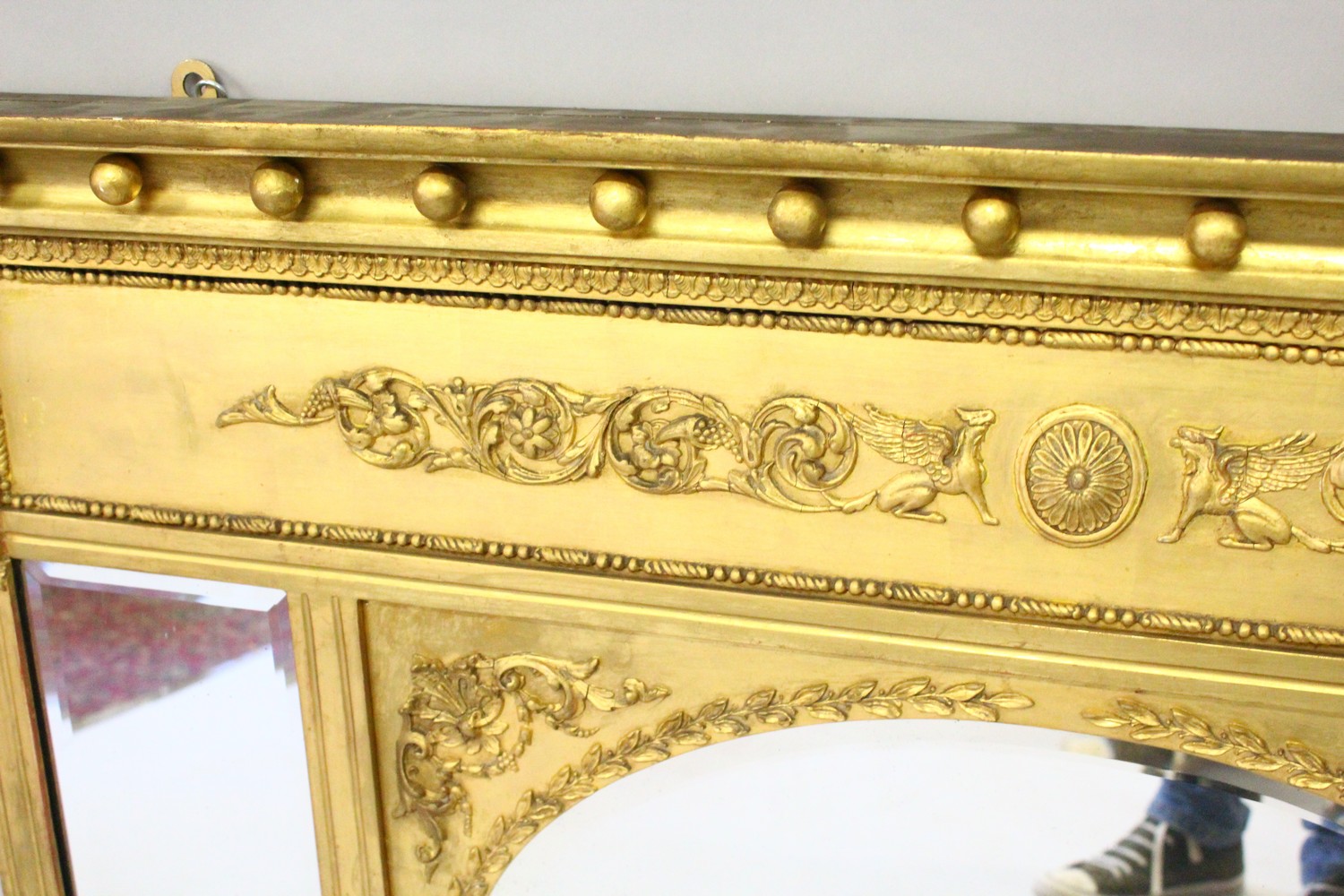 A VERY GOOD GILTWOOD OVERMANTLE MIRROR with oval mirrored panels and rectangular mirror in an ornate - Image 4 of 6