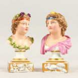 A PAIR OF MEISSEN PORCELAIN BUSTS OF CLASSICAL FIGURES, on square stepped bases. Cross swords mark