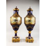 A SUPERB PAIR OF LARGE SEVRES VASES AND COVERS, with rich ormolu mounts and pineapple finials, the