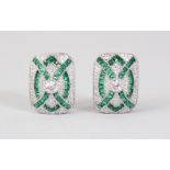 A PAIR OF SILVER PAVE SET ART DECO STYLE EARRINGS.