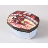 A BILSTON ENAMEL OVAL SHAPED SNUFF BOX AND COVER, the lid with a cockfighting scene. 4.5cms long.