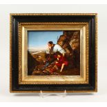 A CONTINENTAL PORCELAIN PLAQUE, painted with a Turkish man and child resting beside rocks. 17cms x