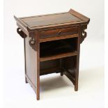 A CHINESE REDWOOD OPEN FRONTED SIDE TABLE, with a single drawer and shelf. 59cms long x 72cms high.